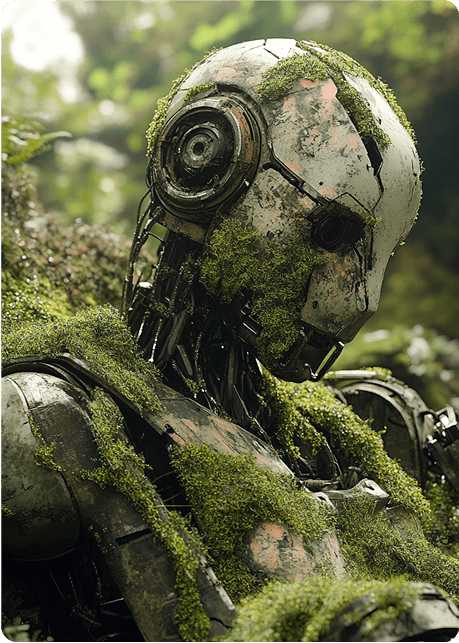 a moss-covered humanoid robot resting in a lush green forest environment.